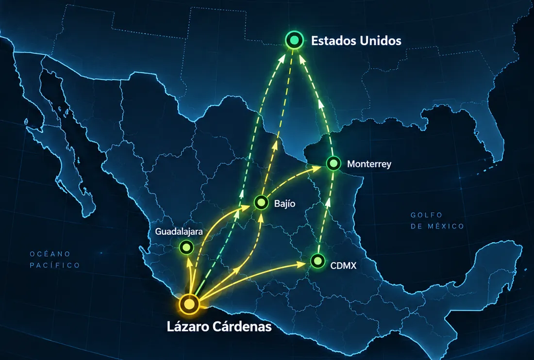 Mapa de rutas desde Lázaro Cárdenas hacia Guadalajara, el Bajío, Ciudad de México, Monterrey y Estados Unidos